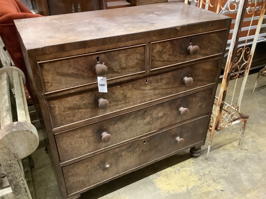 A Regency faded mahogany five drawer chest, af, width 92cm, depth 43cm, height 92cm